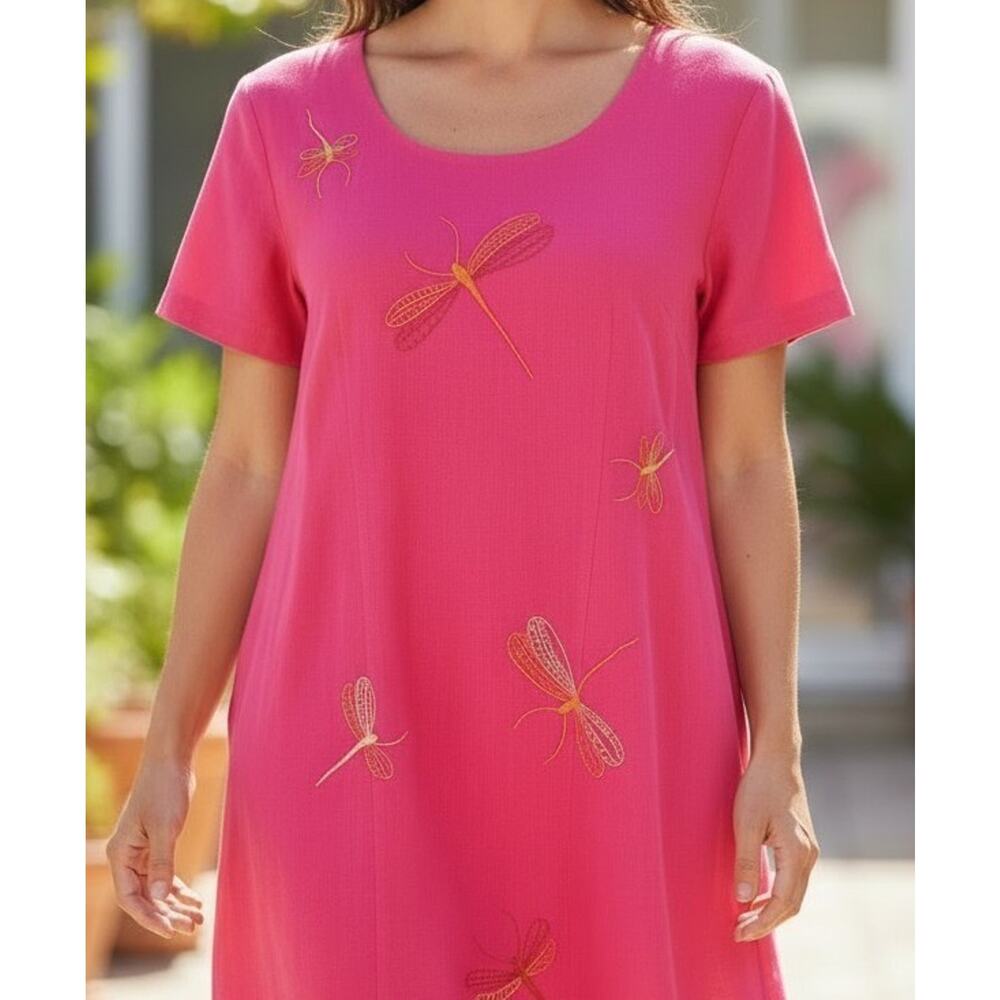 Vtg 90s Shift Dress Sz 14P Whimsical Dragonfly Embroidery Pink w/Orange Lining